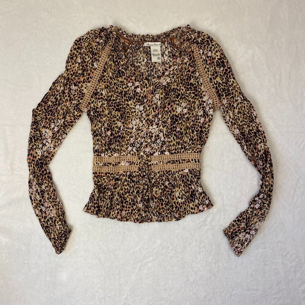 American Rag Long Sleeve Cheetah Print Peasant Blouse Peplum Y2K Boho XS
